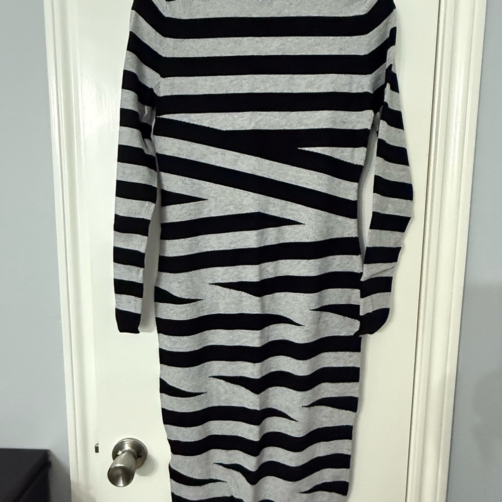 Karen Millen Black and Gray Striped Long Sleeve Dress